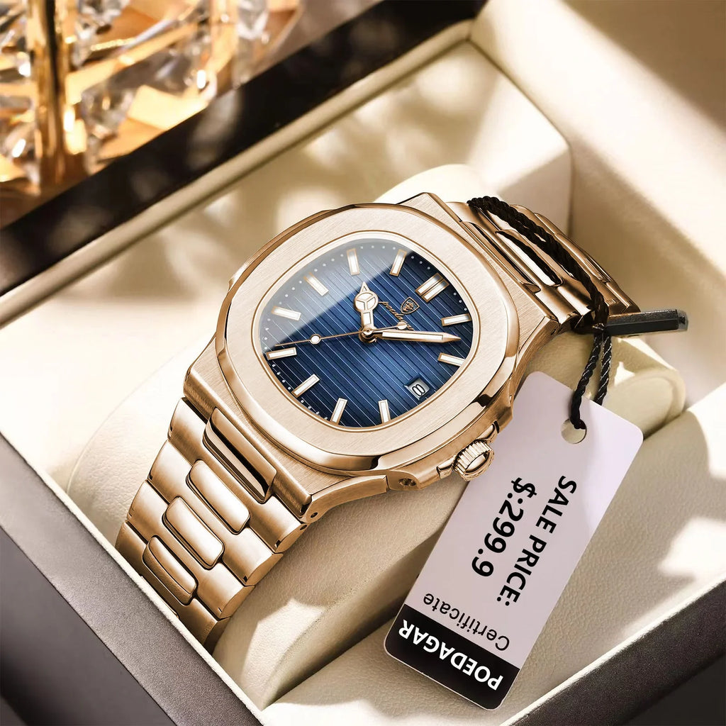 POEDAGAR Fashion Square Male Quartz Watch Waterproof Luminous Date Stainless Steel Man Watch Business Luxury Men's Watches Reloj