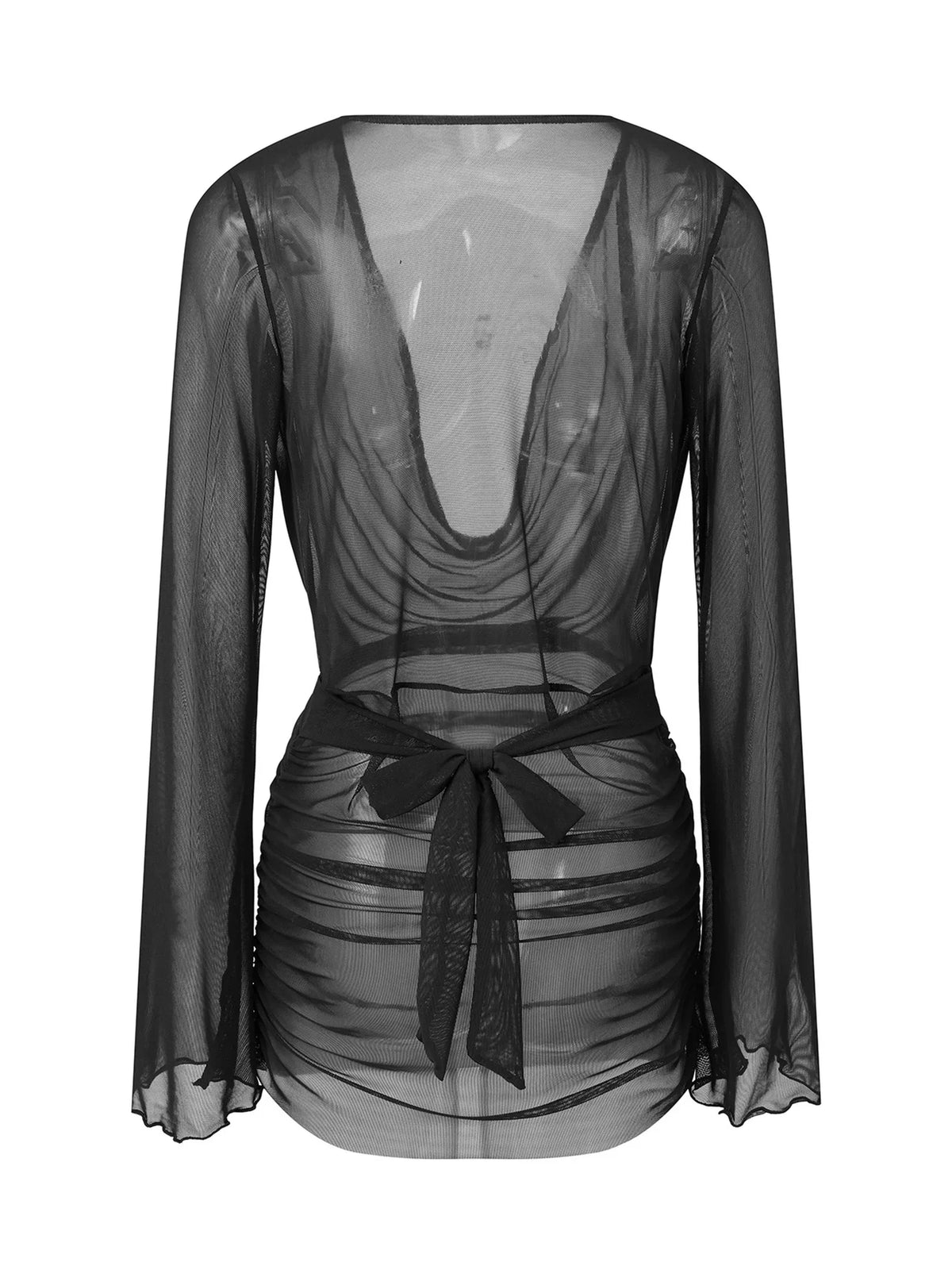 Solid Color Sheer Mini Dress Long Sleeve Deep V Neck Swim Cover Up