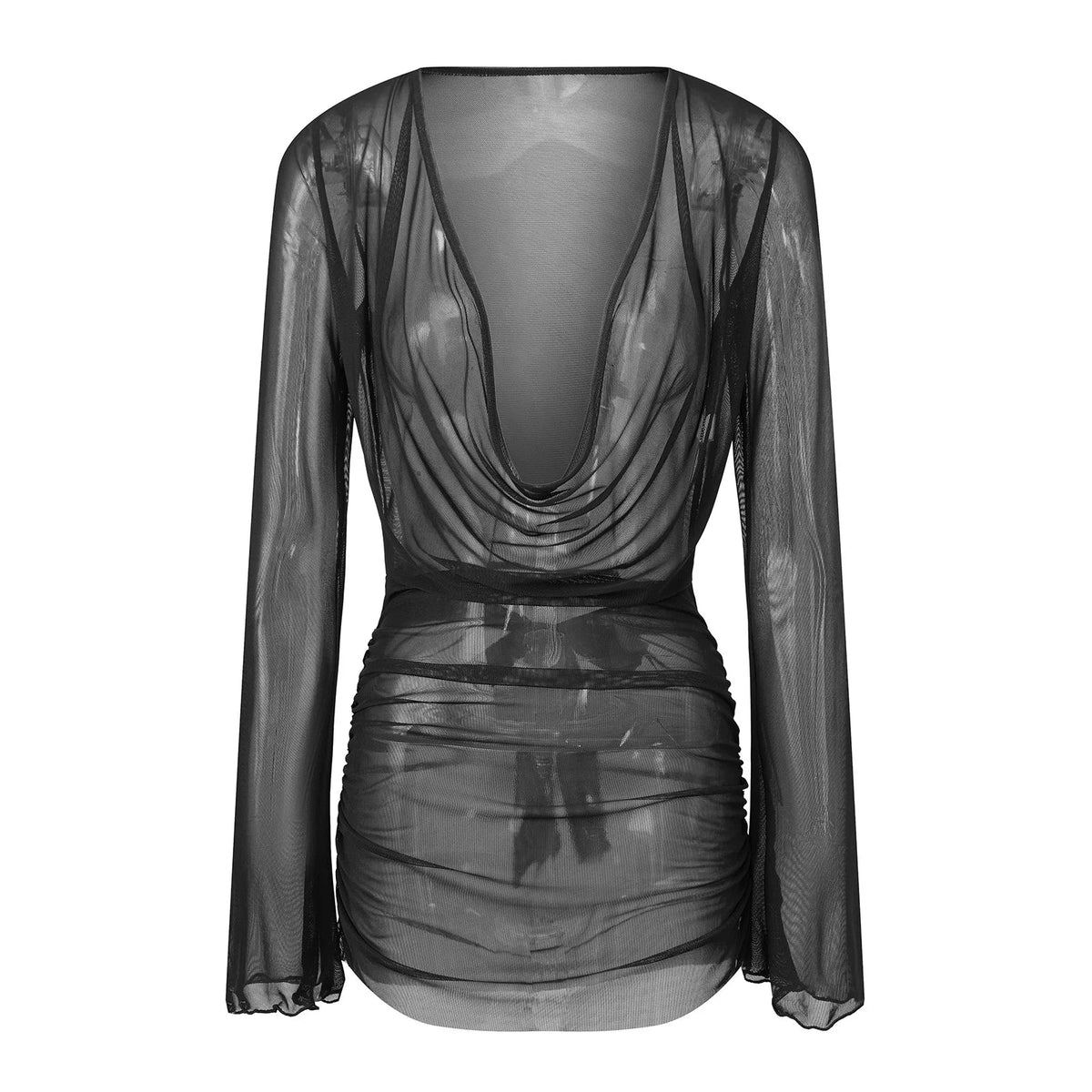 Solid Color Sheer Mini Dress Long Sleeve Deep V Neck Swim Cover Up