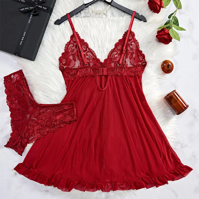 Deep V Slip Dress Thong Erotic Bra Panty Sets