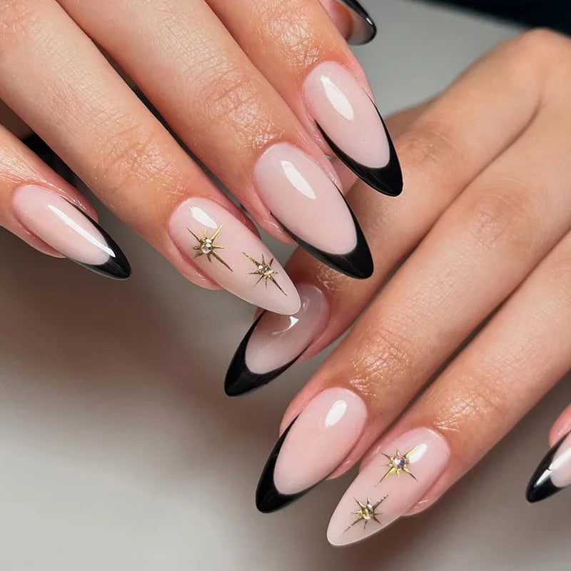 Black Cool Fake Nails Bat Press on Nails Almond Decorated Nail Tips Rivet Bow False Nails 24pcs Reusable Acrylic Nails