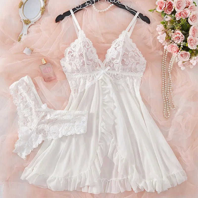 Deep V Slip Dress Thong Erotic Bra Panty Sets