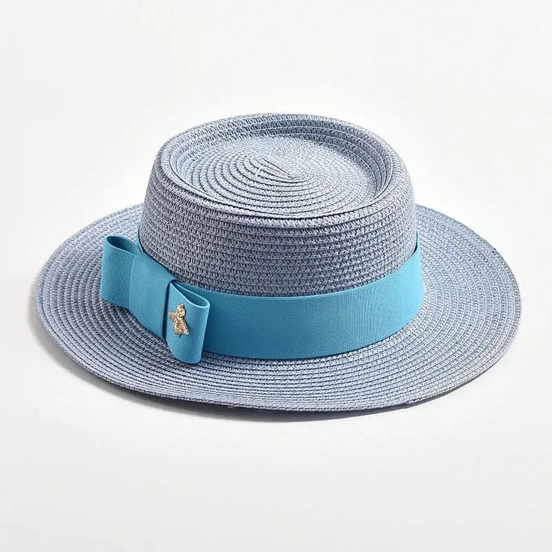NEW Spring Summer Straw Hats for Women Round Bumpy Surface Flat Top Bowknot Dress Cap Travel Beach Sun Hat Gorra