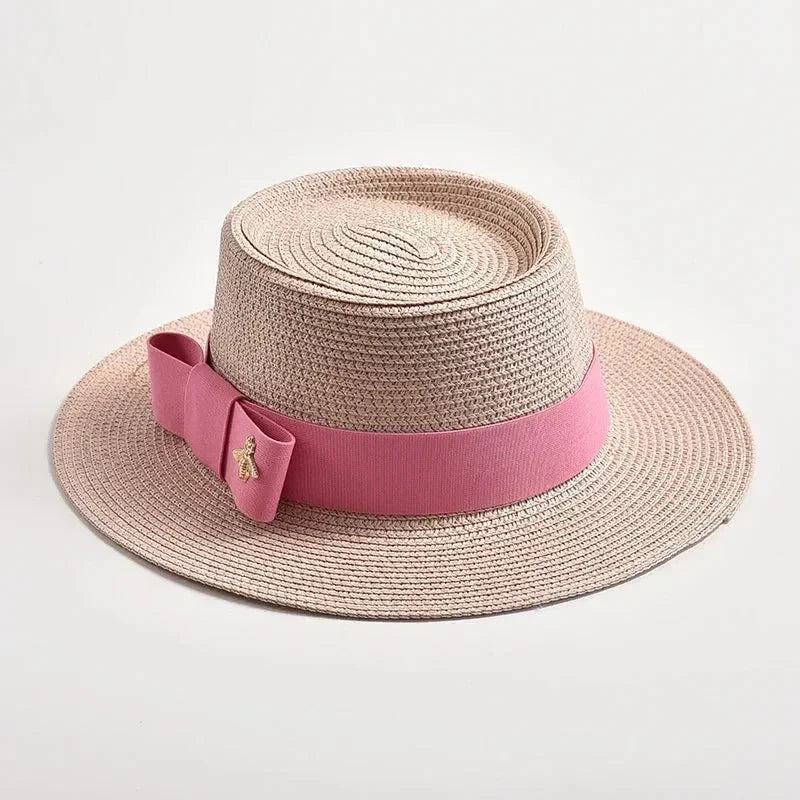 NEW Spring Summer Straw Hats for Women Round Bumpy Surface Flat Top Bowknot Dress Cap Travel Beach Sun Hat Gorra