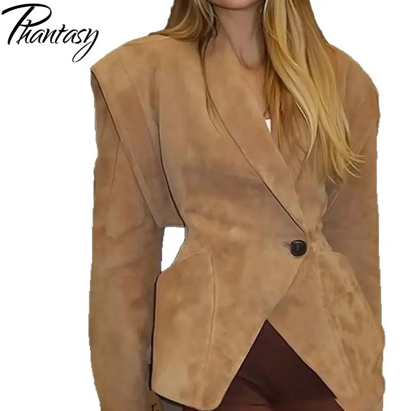 Phantasy Single Breasted Buckle Casual Suede Jacket Street Fashion Waist with Buttons