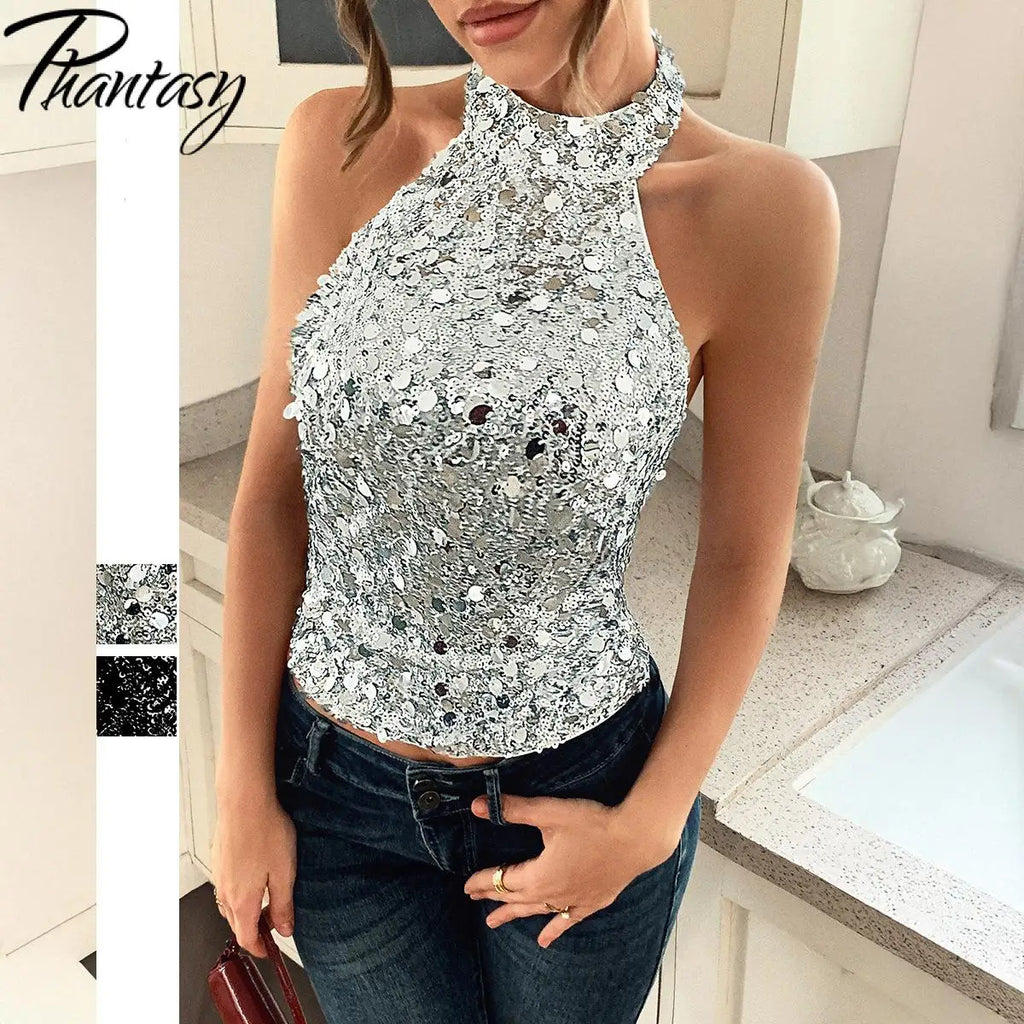 Elegant Temperament Neck Sequin Camisole Women T-shirt Sexy Sleeveless Tank Top