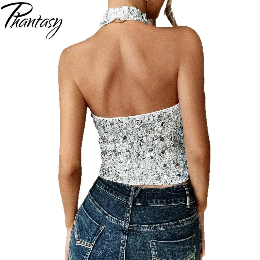 Elegant Temperament Neck Sequin Camisole Women T-shirt Sexy Sleeveless Tank Top