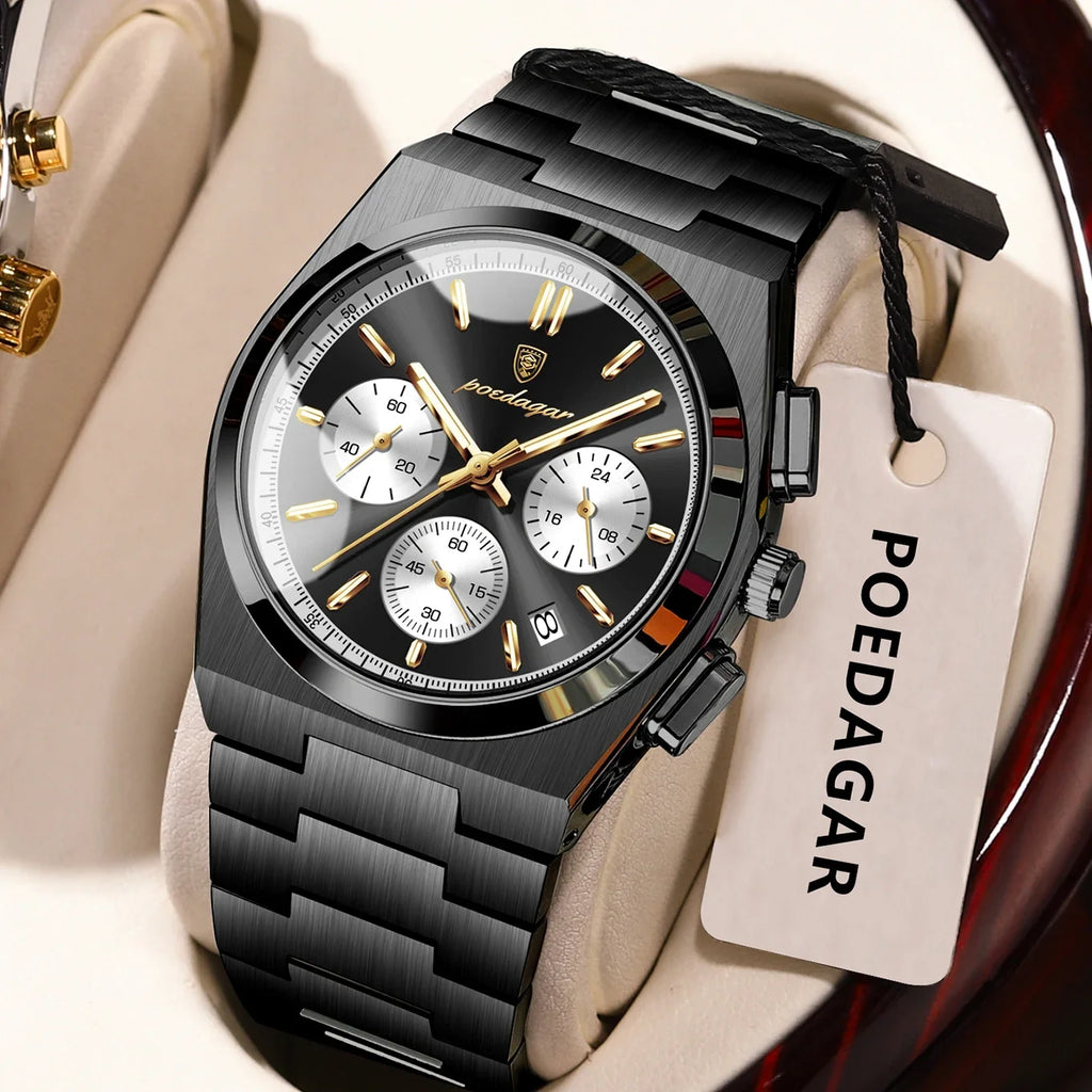 POEDAGAR Luxury Man Watch Chronograph Date Stainless Steel Sport Men Wristwatch Waterproof Luminous Fashion Quartz Men's Watches