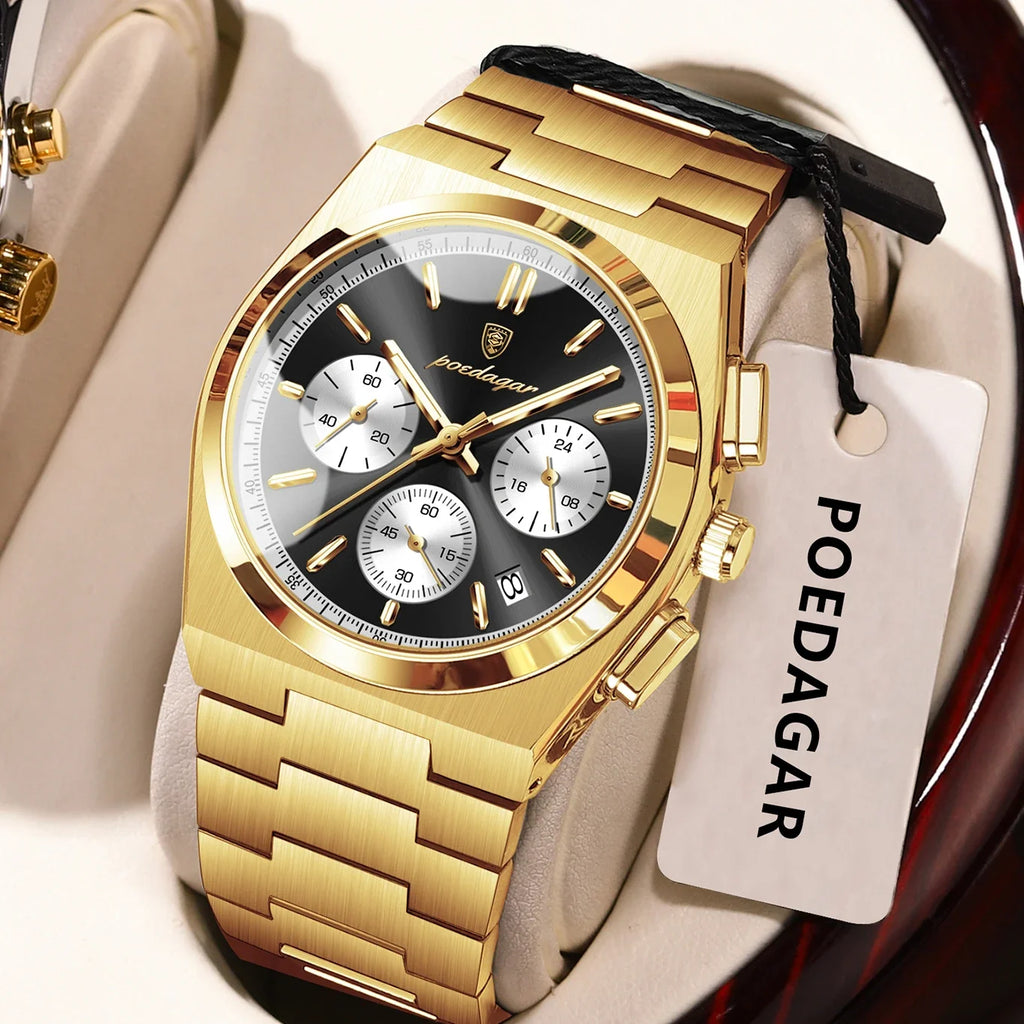 POEDAGAR Luxury Man Watch Chronograph Date Stainless Steel Sport Men Wristwatch Waterproof Luminous Fashion Quartz Men's Watches