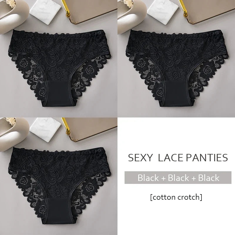 Lace Cotton Panties 3PCS Floral Embroidered Women's Briefs