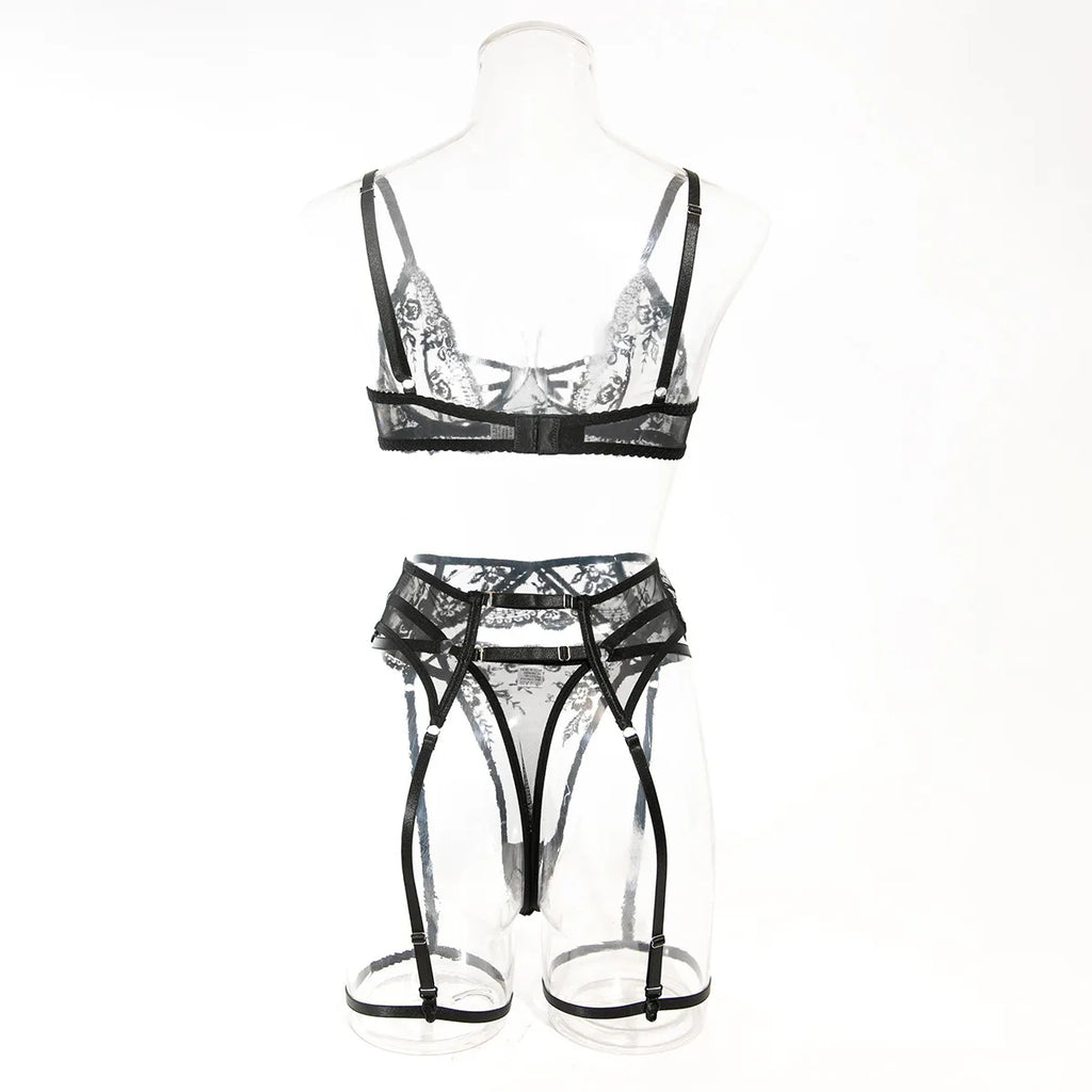 Ultrathin Mesh Patchwork See Through Bras And Thongs 3pc. Set