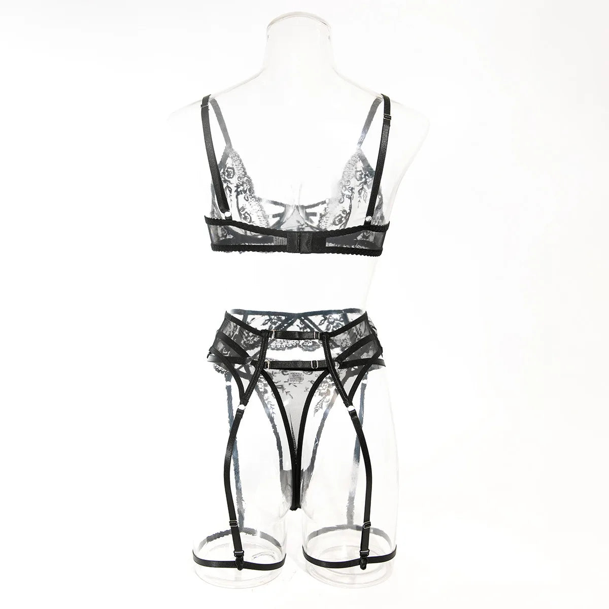 Ultrathin Mesh Patchwork See Through Bras And Thongs 3pc. Set