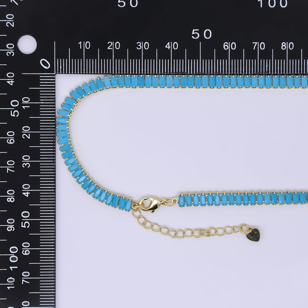 24K Gold Filled 5mm Blue Turquoise Baguette 16 Inch Tennis Chain Necklace | WA-2323