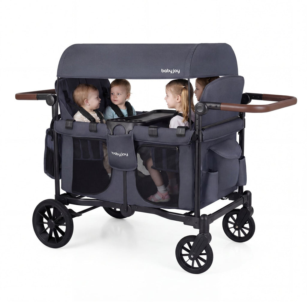 Wagon Stroller for 4 Kids Foldable 4-Seater Push-Pull Toddler Stroller