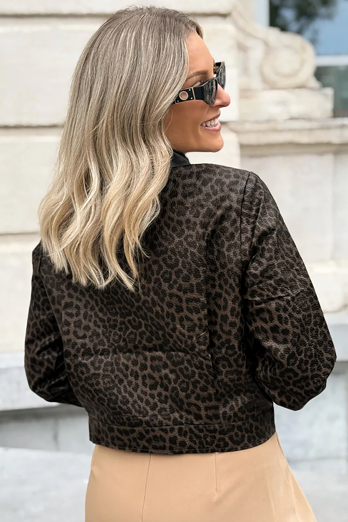 Leopard Print Color block Collar Metal Placket Jacket