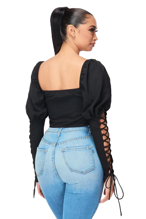 Black Crop Long Sleeve Lace Up Top