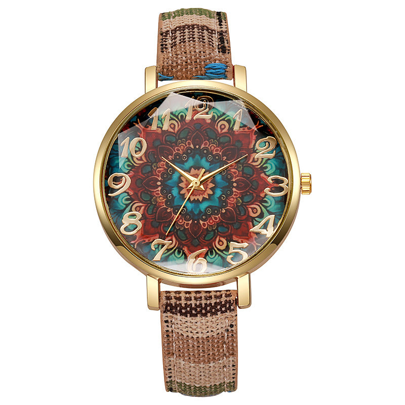 Round Floral Design, Multicolored, Versatile Casual Quartz Watch