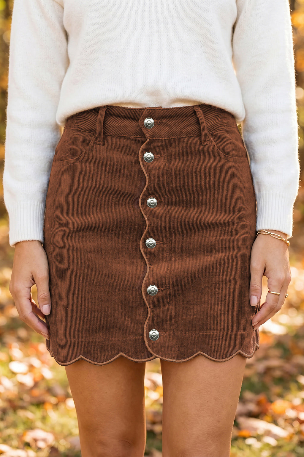 Coffee Corduroy Mini Pockets Sheath Silhouette Skirt