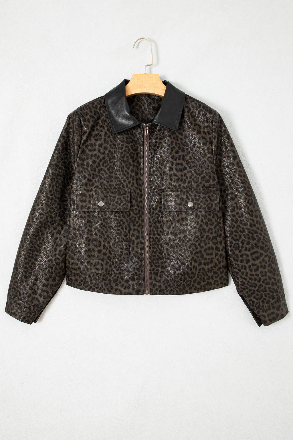 Leopard Print Color block Collar Metal Placket Jacket