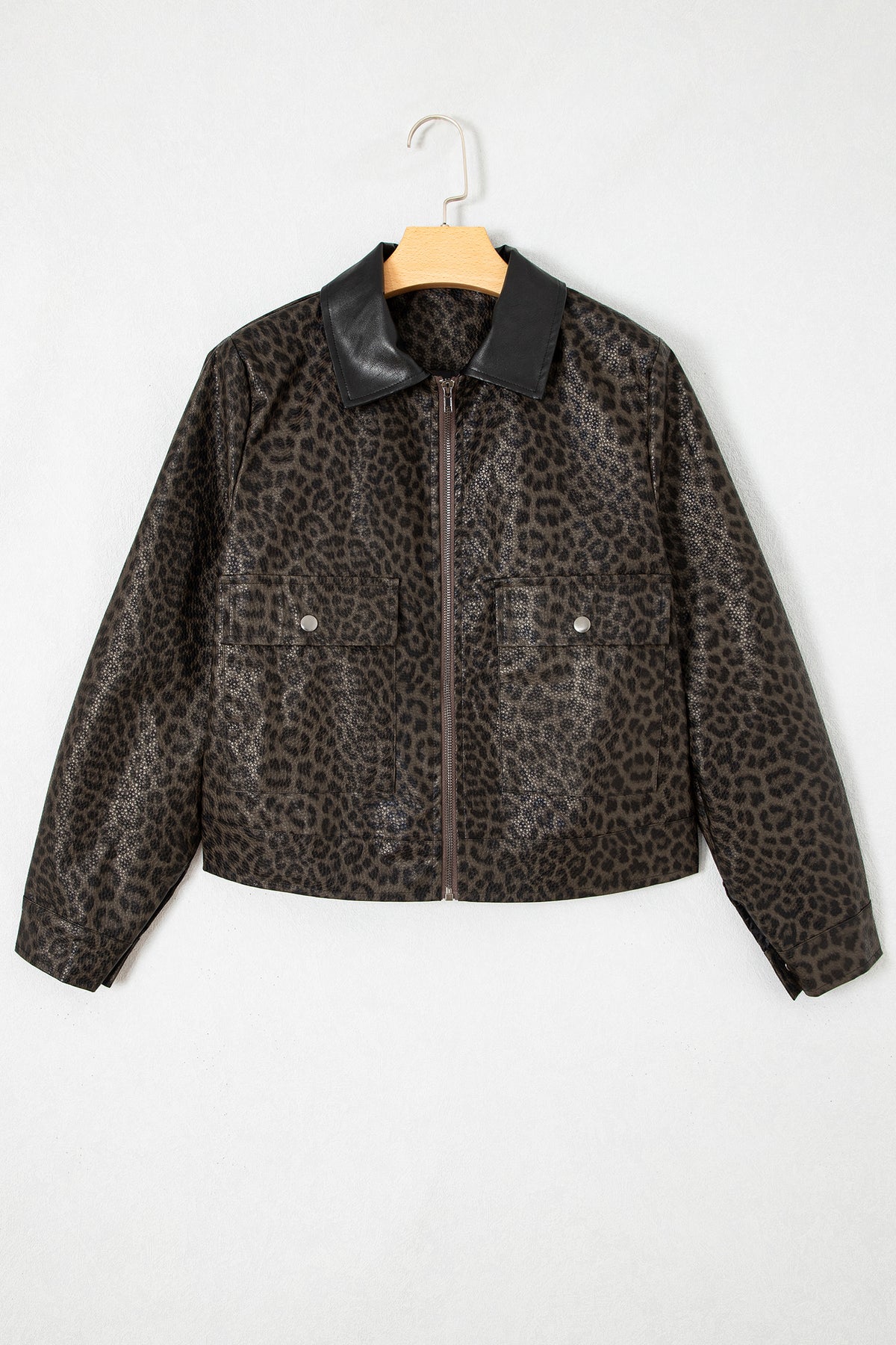 Leopard Print Color block Collar Metal Placket Jacket