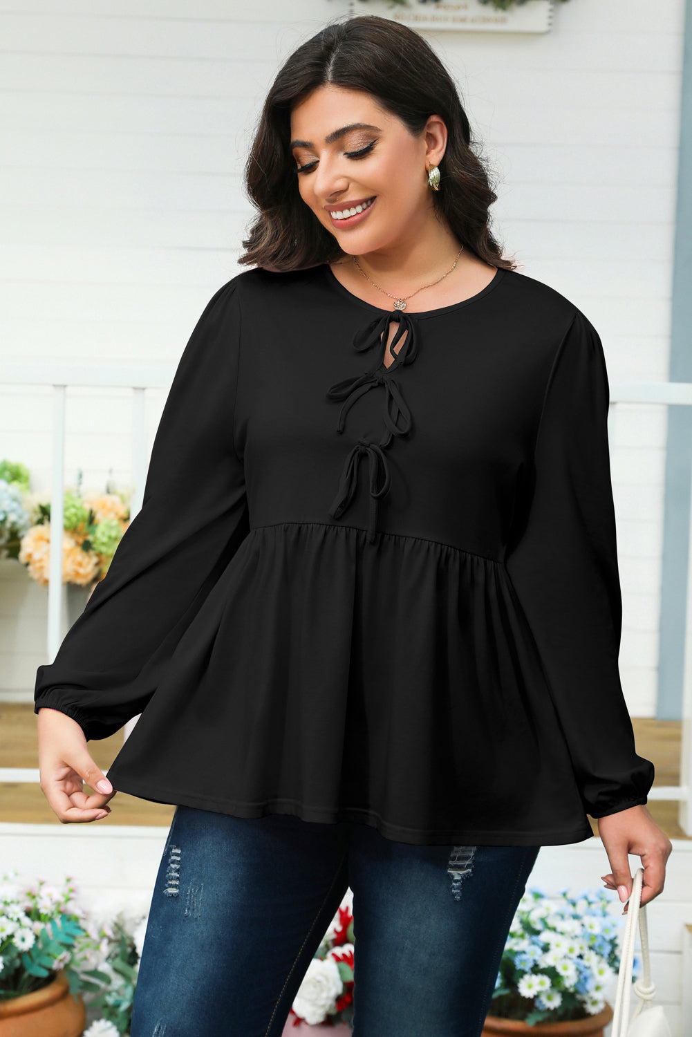 Bow Tie Front Peplum Blouse