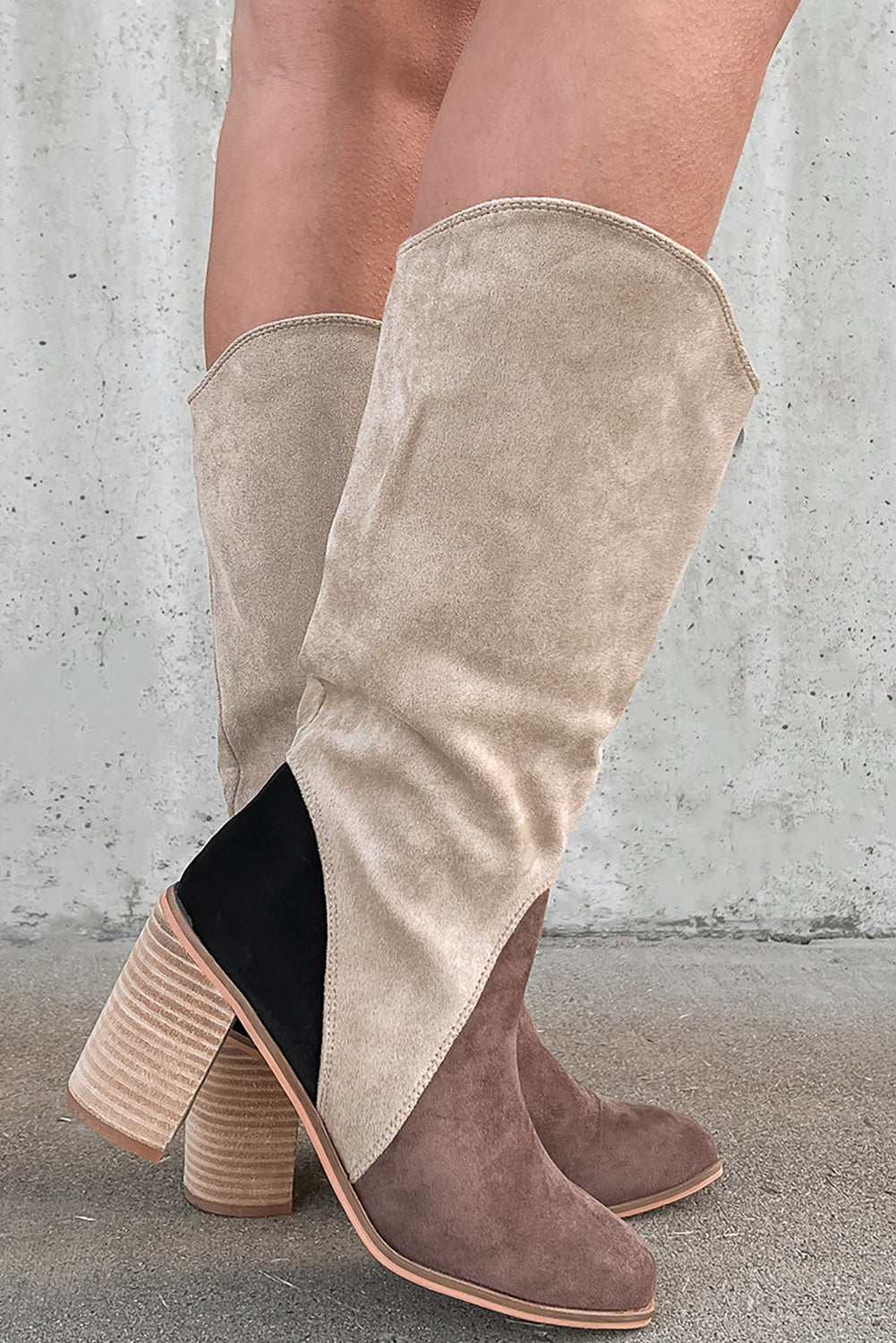 Coffee Color Block Suede Calf Length Chunky Heel Boots