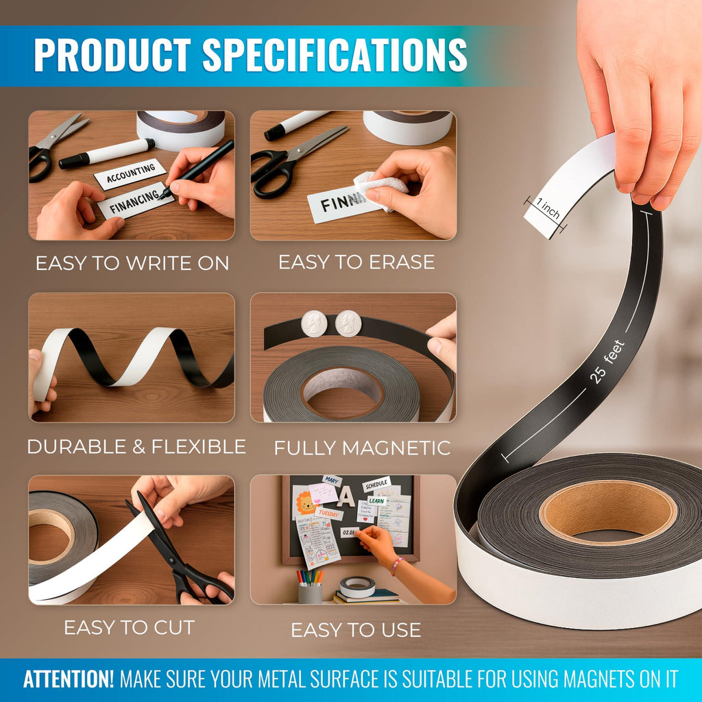 Magnetic Dry Erase Tape 25 Feet 1 Inch White Magnetic Strip Blank Magnets to Write On Dry Erase Strips Magnet Tape Roll Custom Writable Flexible Tape for Whiteboards Shelves Bus Seats Lockers