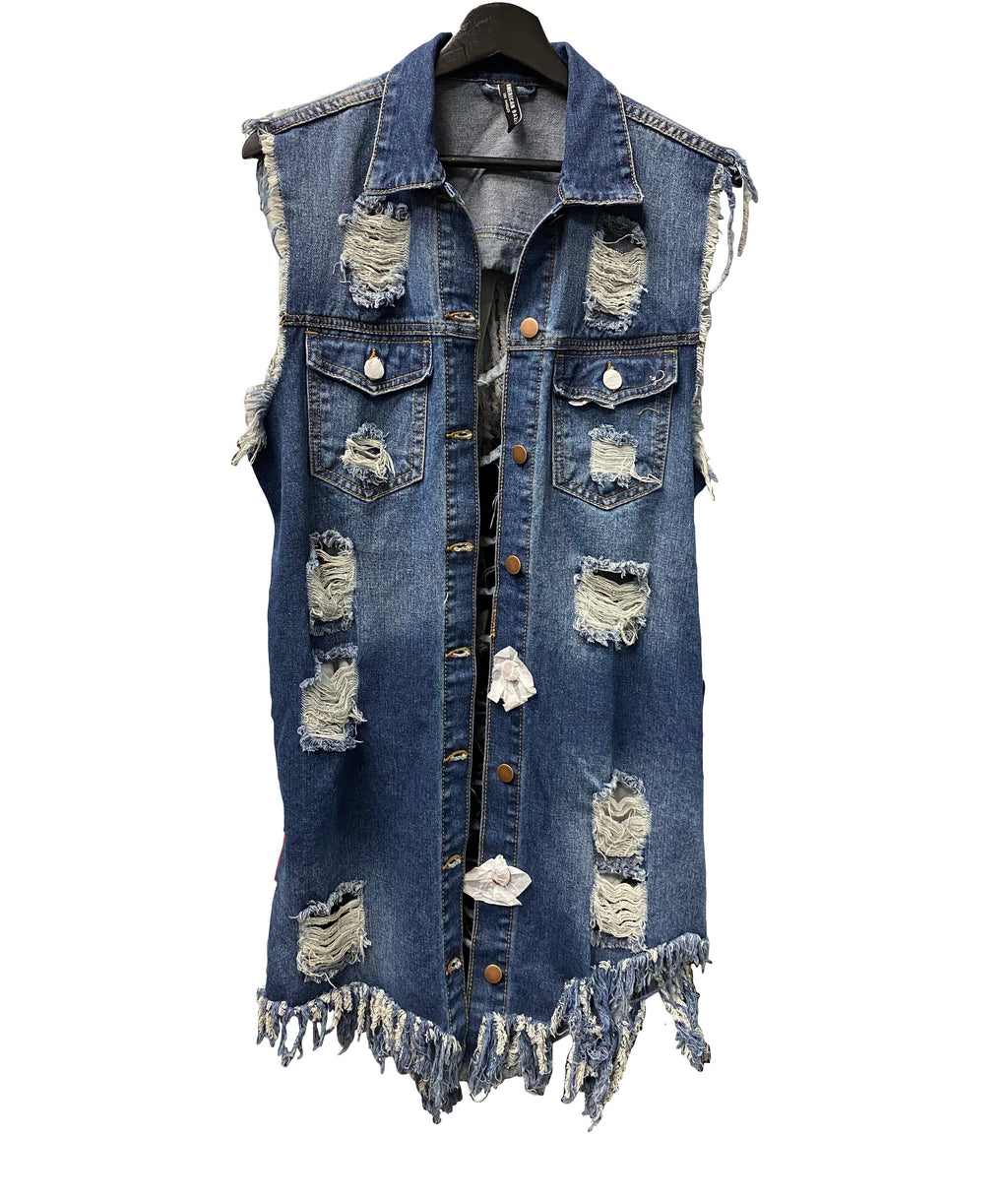 Long Distressed Denim Vest