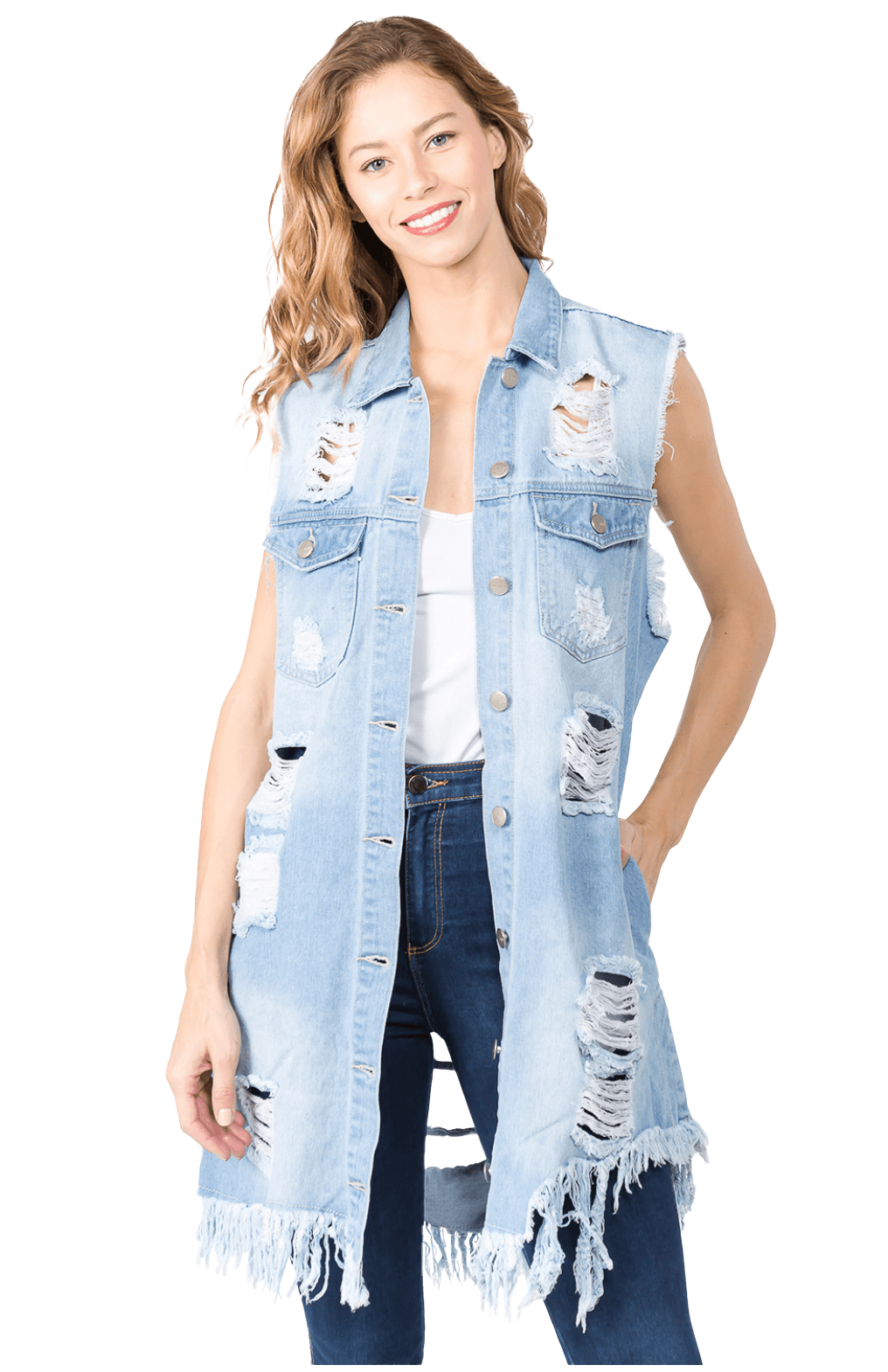 Long Distressed Denim Vest