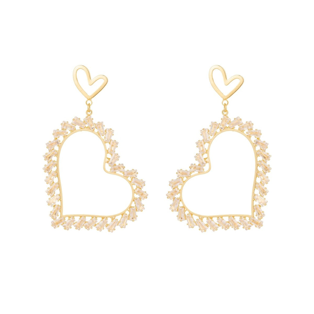 Double Heart CZ Baguette Heart Drop Stud Earrings | Earrings-00611