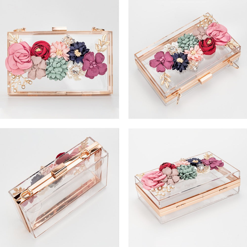 Transparent Flower Acrylic Square Chain Clutch Bag