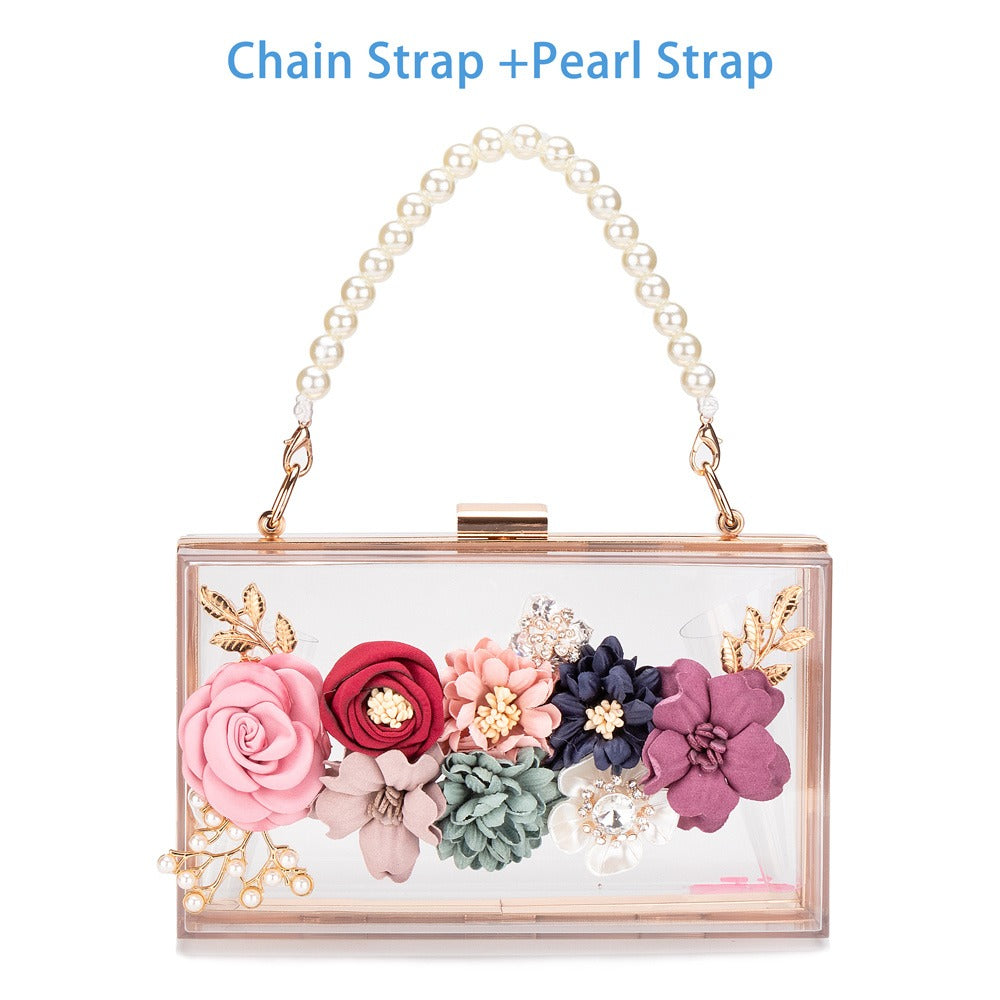 Transparent Flower Acrylic Square Chain Clutch Bag