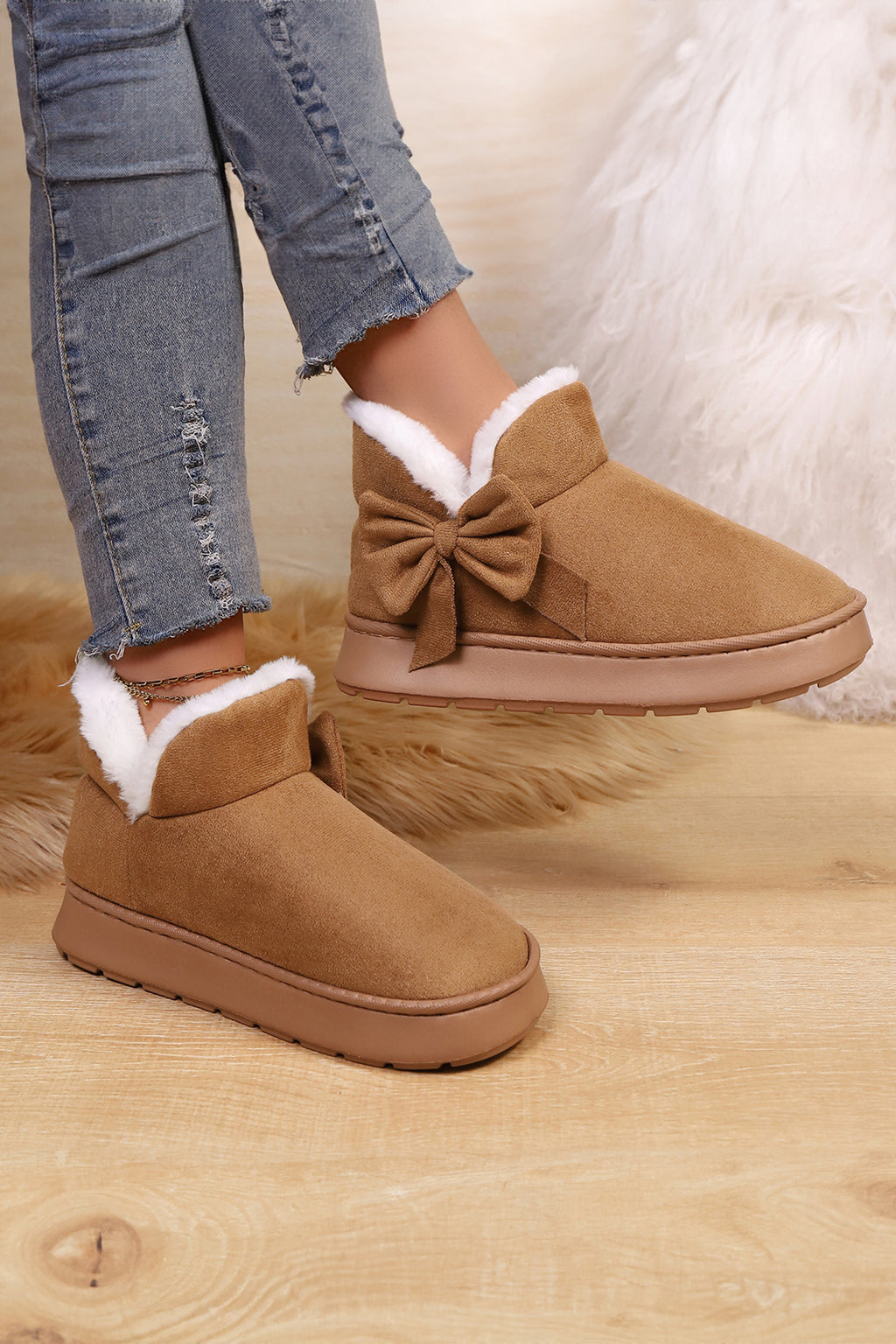 Faux Suede Bow Decor Plush Lining Snow Booties