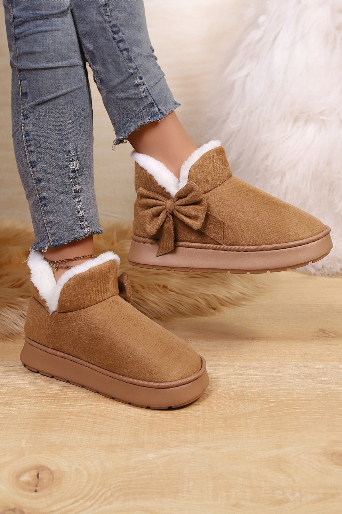 Faux Suede Bow Decor Plush Lining Snow Booties