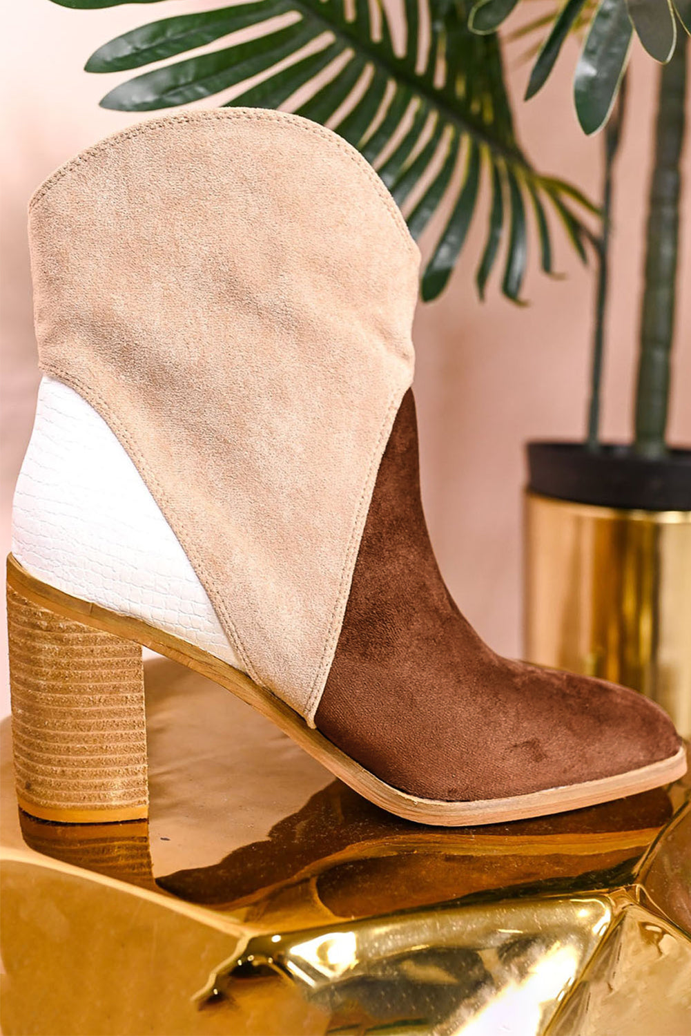 Chestnut Color Block Suede Heeled Ankle Booties
