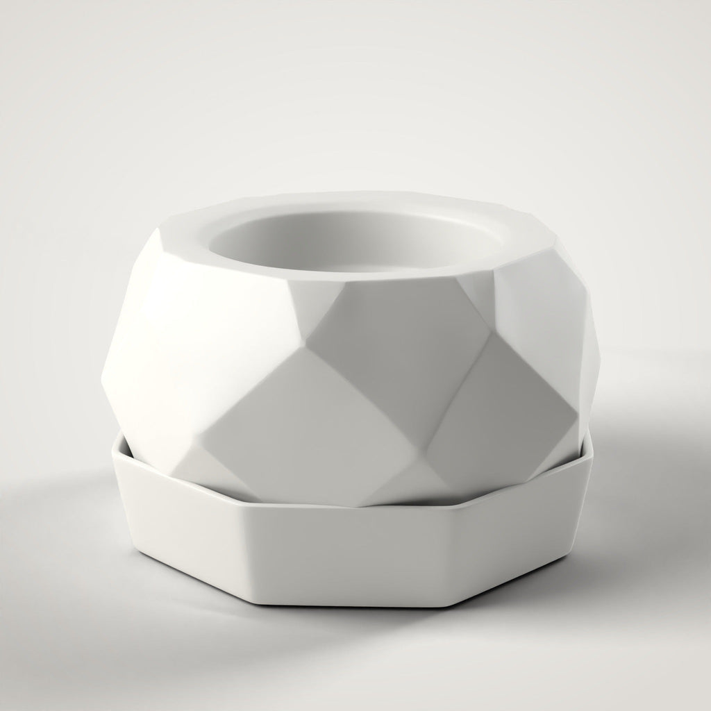 Faceted Planter + Drip Tray — 3D Printed Planter, White