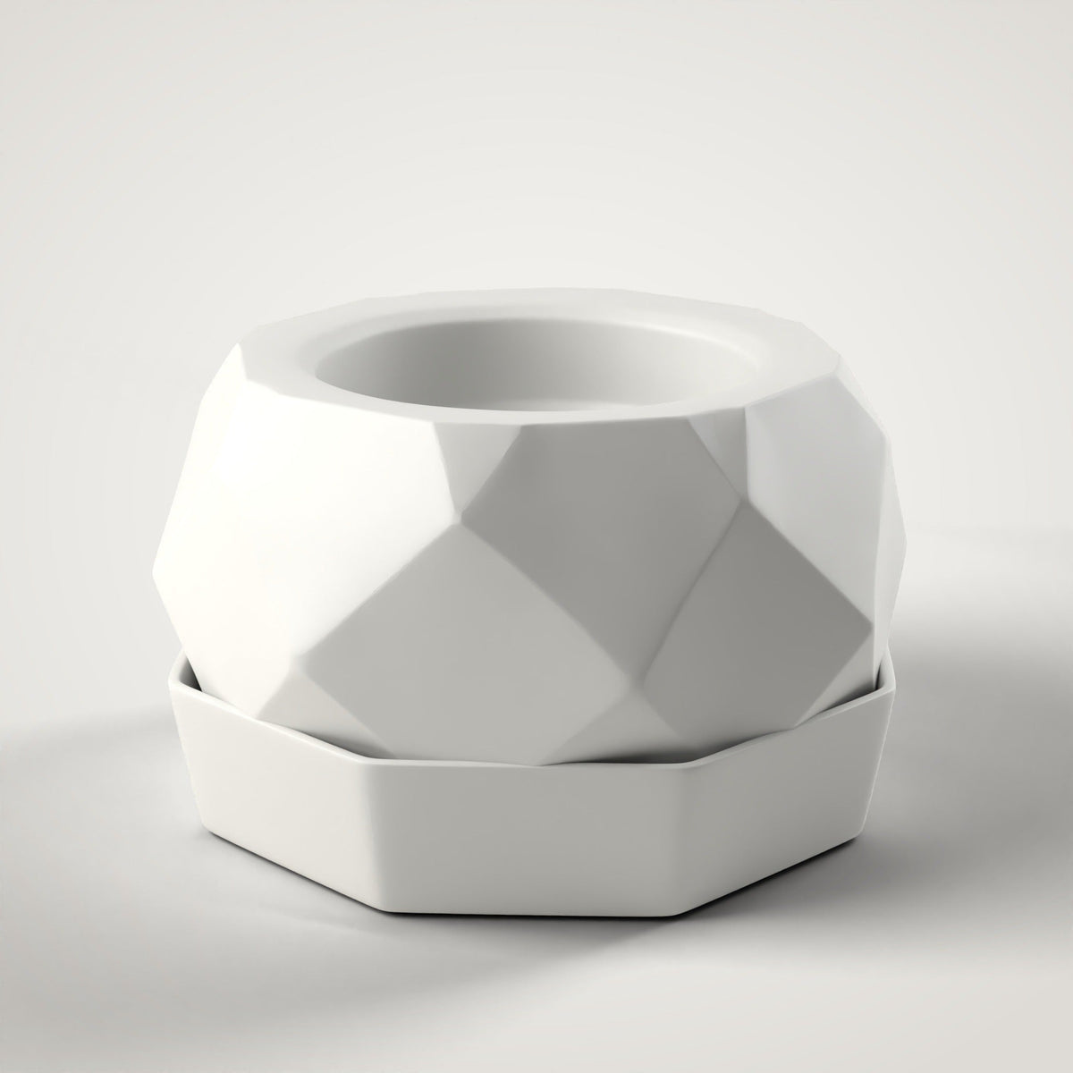 Faceted Planter + Drip Tray — 3D Printed Planter, White