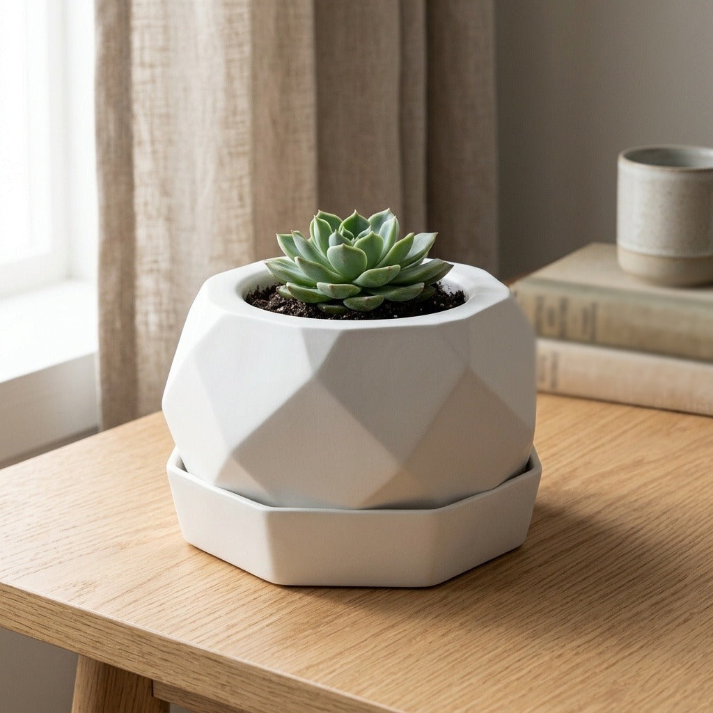Faceted Planter + Drip Tray — 3D Printed Planter, White