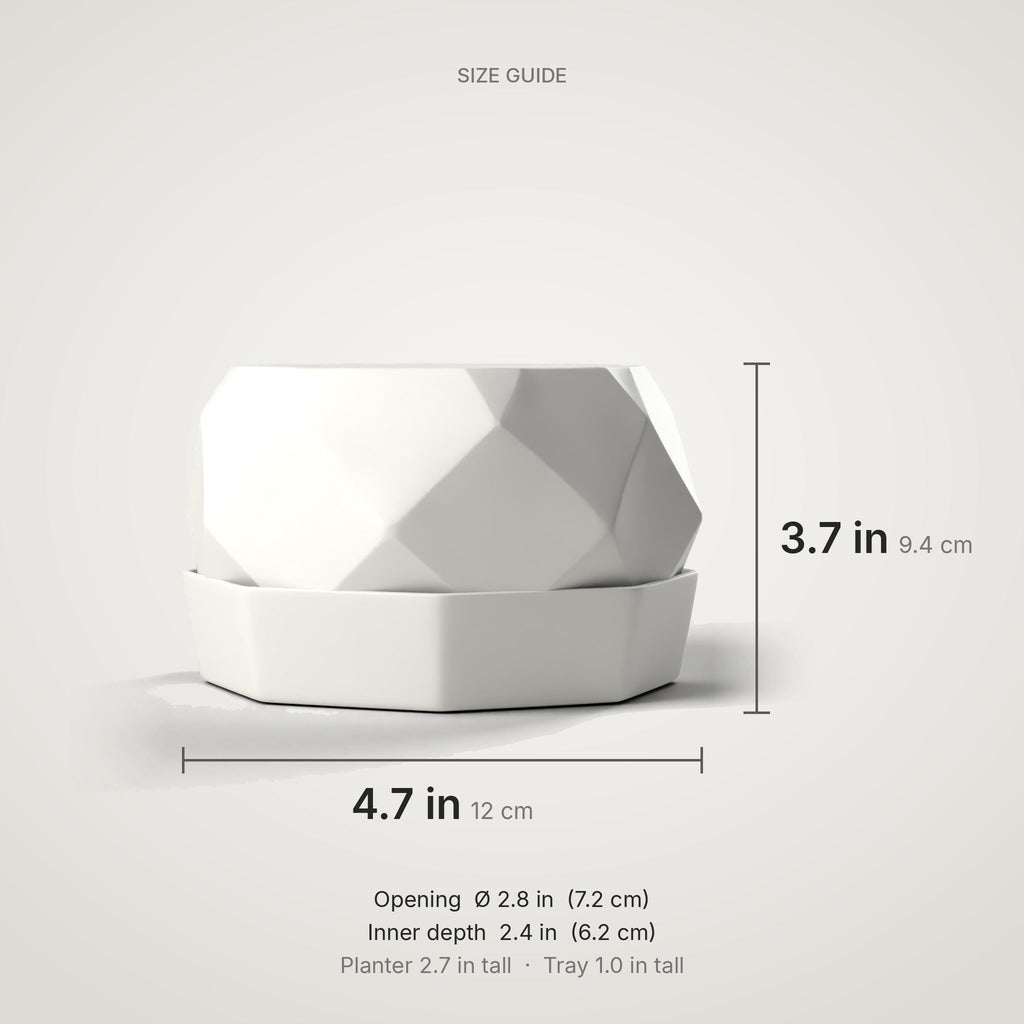 Faceted Planter + Drip Tray — 3D Printed Planter, White