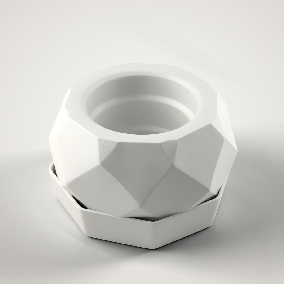 Faceted Planter + Drip Tray — 3D Printed Planter, White