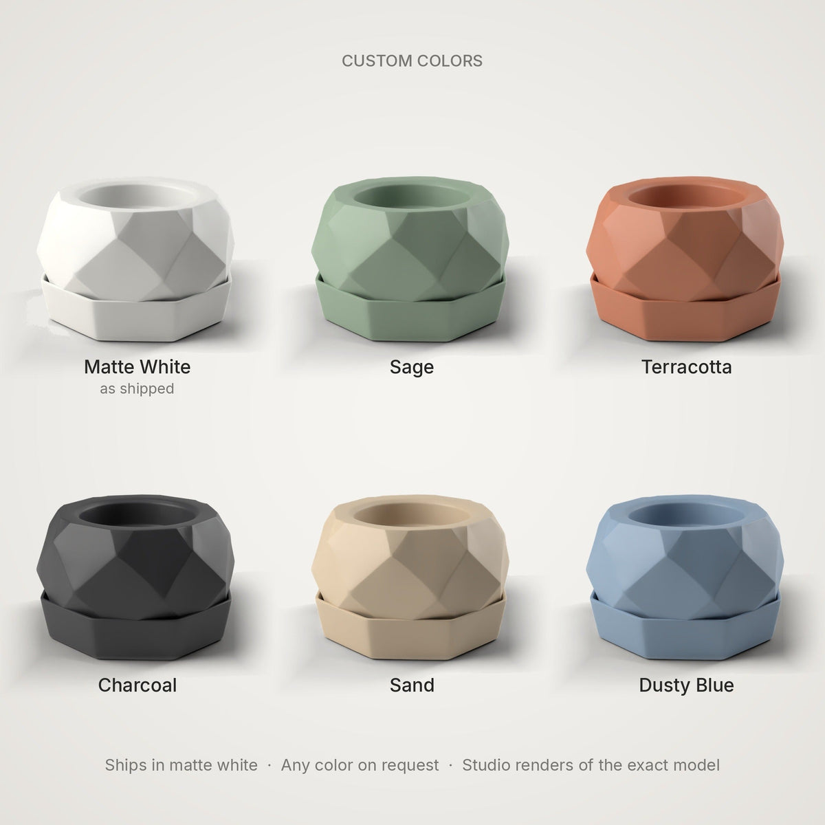 Faceted Planter + Drip Tray — 3D Printed Planter, White