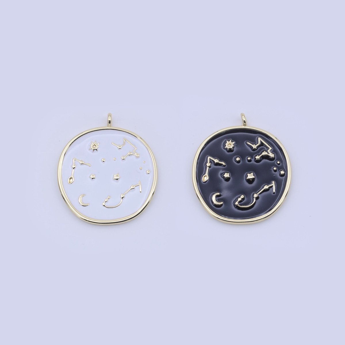 14K Gold Filled 30mm White, Black Enamel Constellation Star Celestial Round Charm | H274 H277