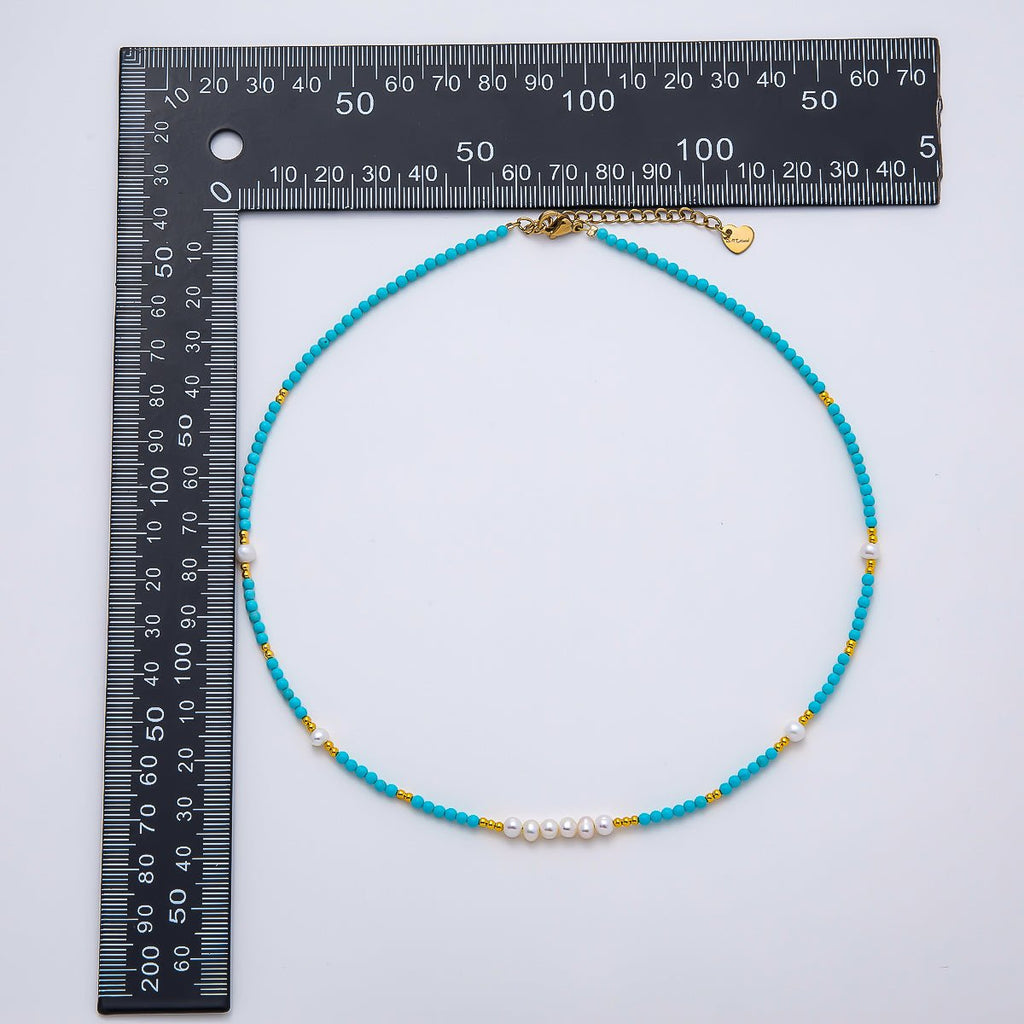 Handmade Stainless Steel 2.5mm Blue Turquoise Shell Pearl Bead Gemstone Chain 16 Inch Necklace | WA-04654
