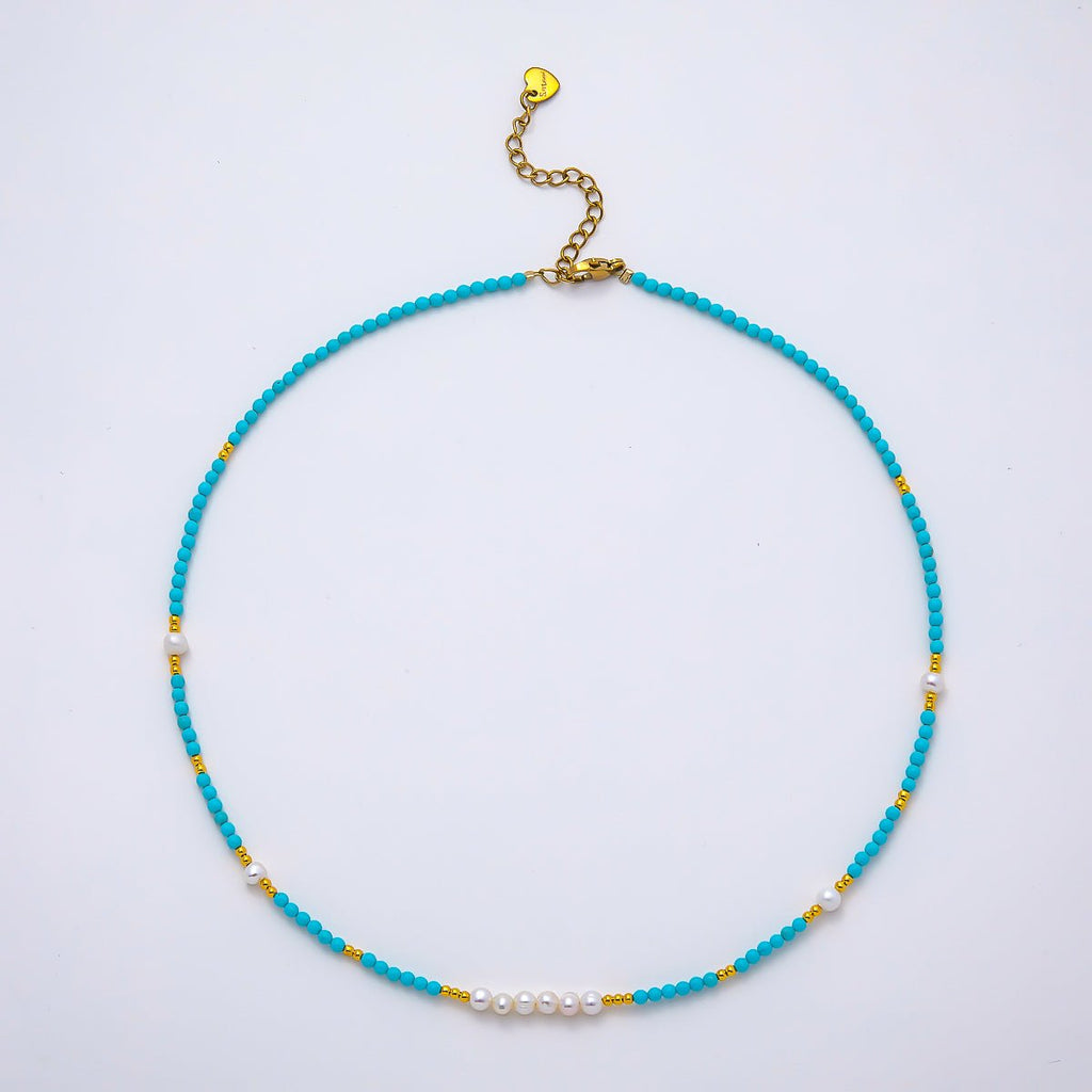 Handmade Stainless Steel 2.5mm Blue Turquoise Shell Pearl Bead Gemstone Chain 16 Inch Necklace | WA-04654