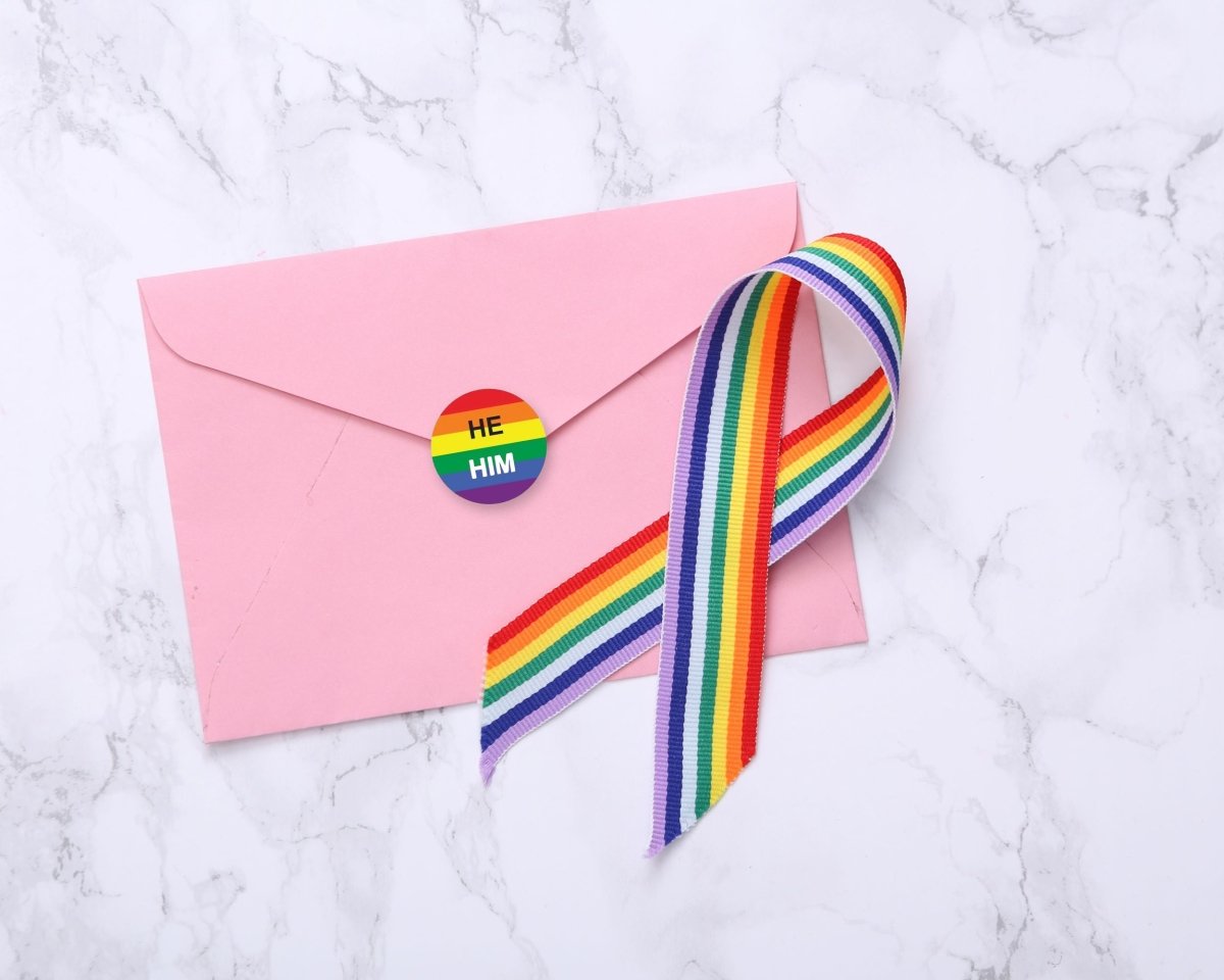 250 He Him Pronoun Rainbow Flag Stickers (250 Per Roll)