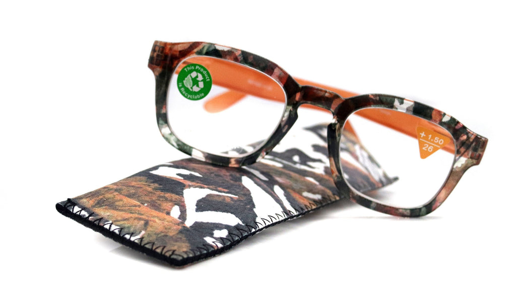 Sasha, (Premium) Reading Glasses High End Readers +1.25..+3 Magnifying Eyeglasses (Black n Orange) Camo Round Optical Frames NY Fifth Avenue
