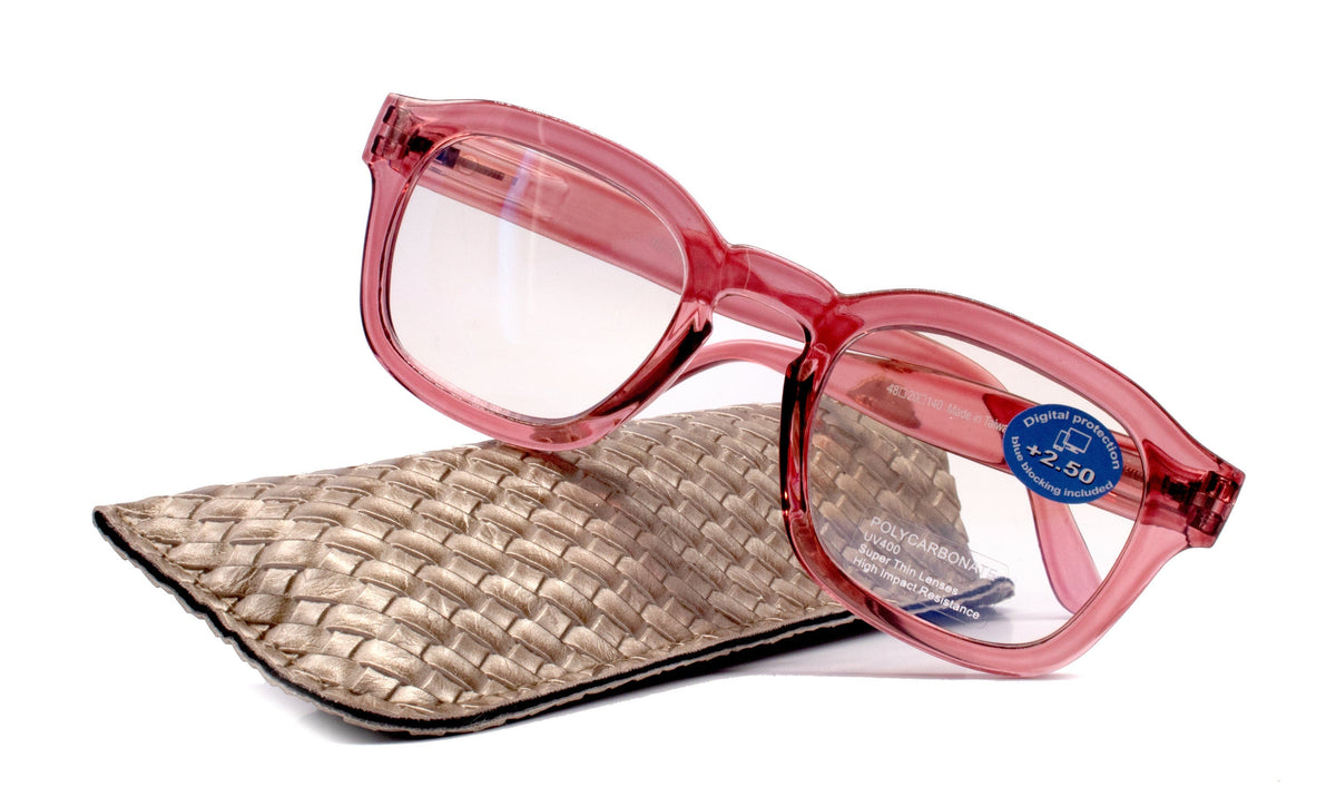 Apollo, (Blue Light Glasses) (Blue Light Blocker) Reduce Eyestrain, A/R Anti Glare. +1.25 +3.00, Large Square (Pink) NY Fifth Avenue.