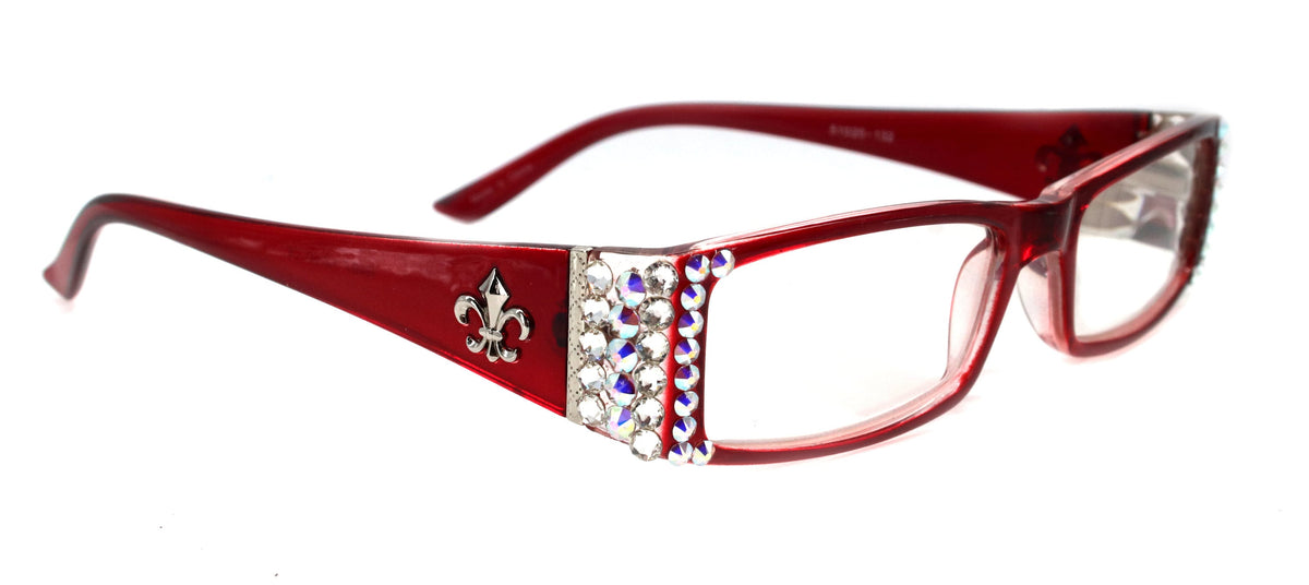 The French, (Bling) (Fleur De Lis) Women Reading Glasses W Genuine European Crystals (Aurora Borealis, Clear)  (Red) Frame, NY Fifth Avenue
