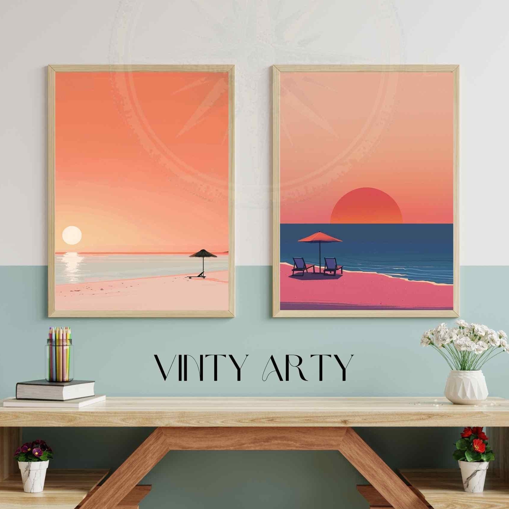 Two framed artworks on a wall above a wooden desk with decorative items.