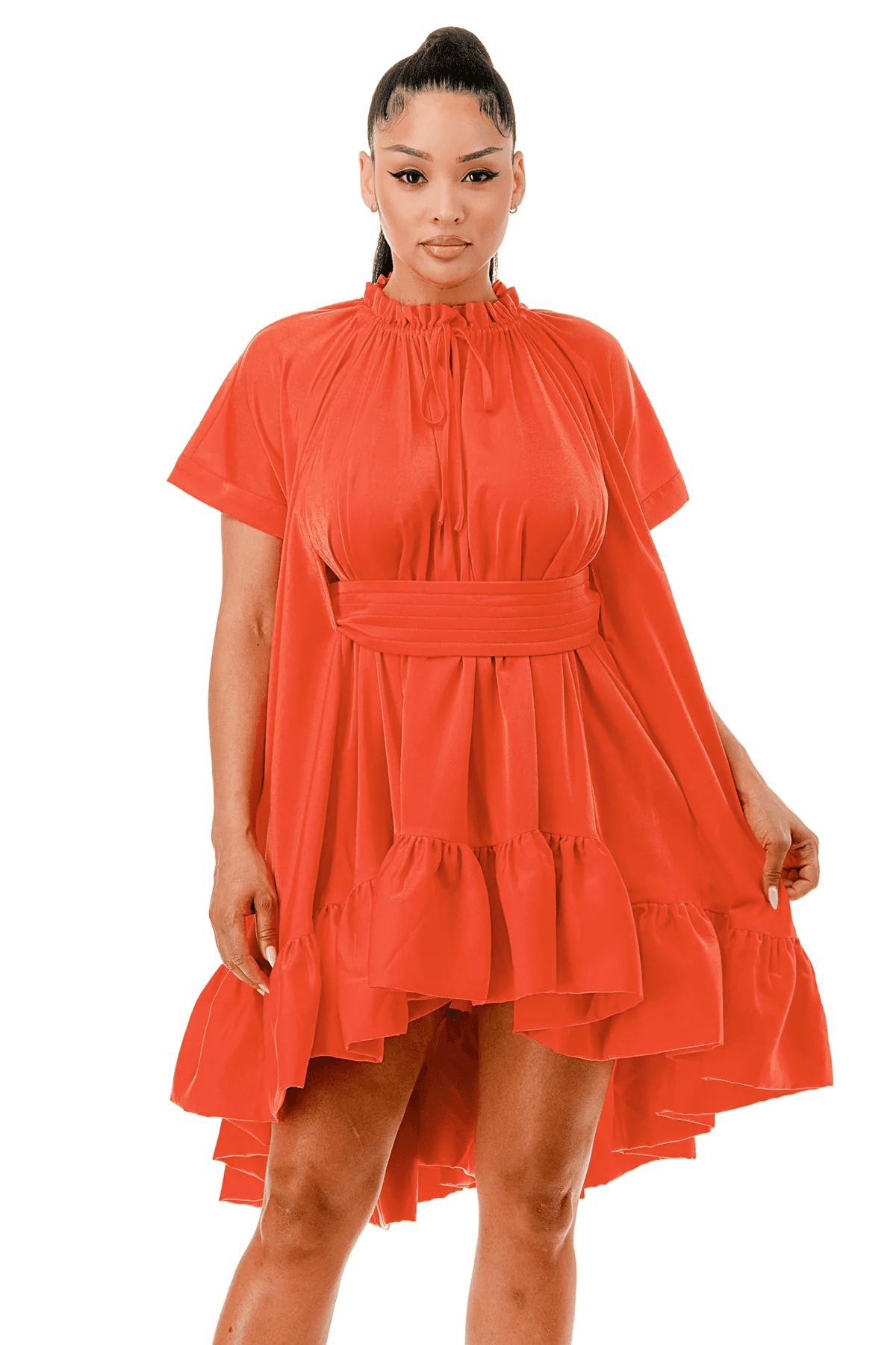Short Sleeve Cape Style Belted Ruffled Flare Mini Dress